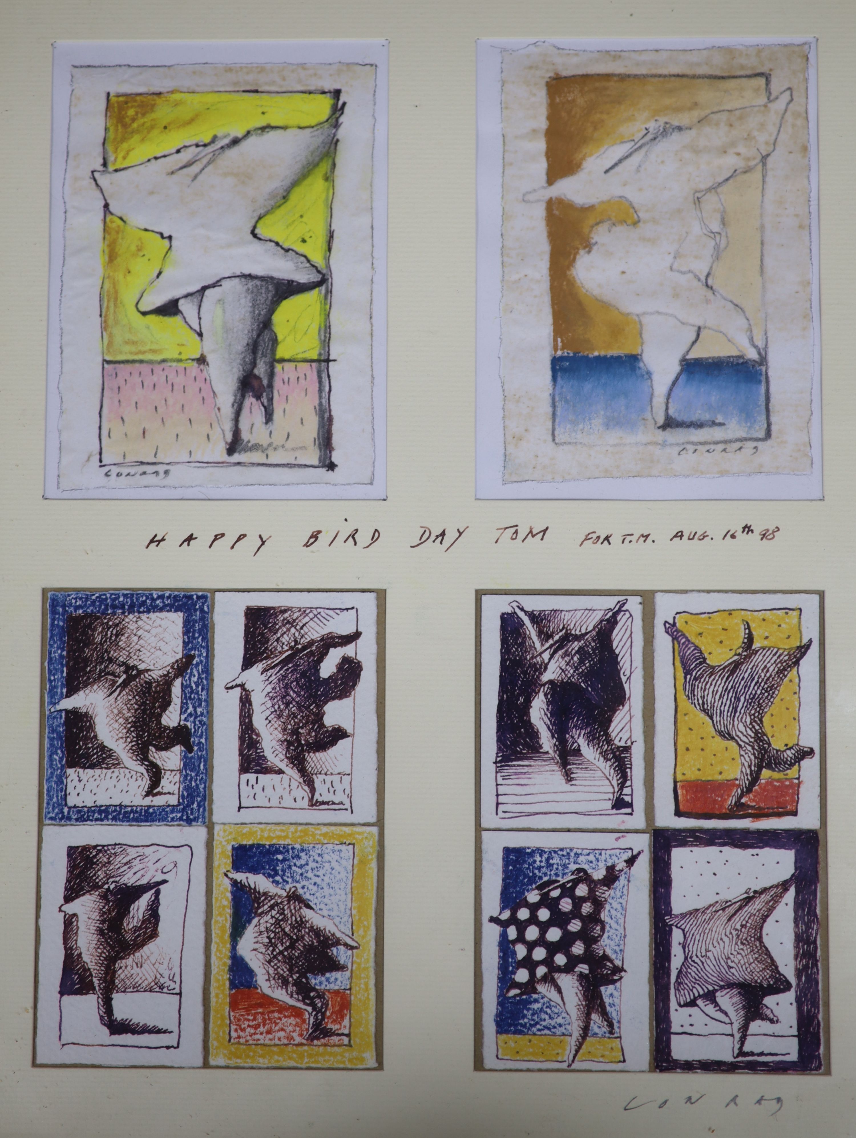 Patrick Conrad (1945-), four watercolours, 'Happy Bird Day', signed and inscribed 'To Tom', each 13 x 10cm, framed as one